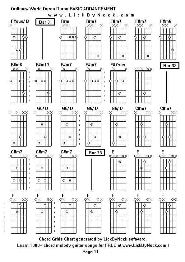 Chord Grids Chart of chord melody fingerstyle guitar song-Ordinary World-Duran Duran-BASIC ARRANGEMENT,generated by LickByNeck software.